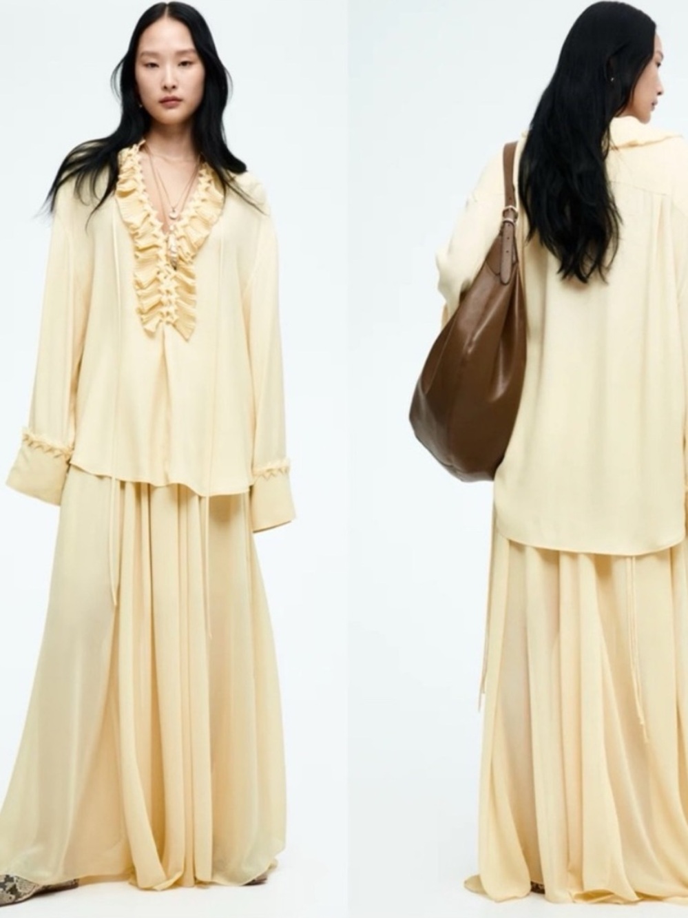 Viral sold out H&M Butter Yellow Ruffle V-Neck Maxi Skirt and top SET